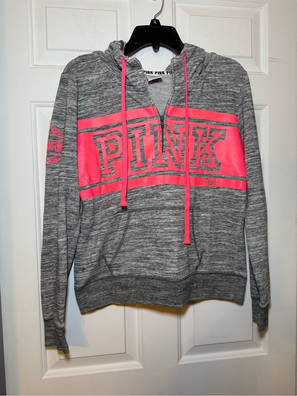 Pink Victoria Secret Gray Heather & Neon Pink 1/4 Zip Hoodie MEDIUM Crest Logo